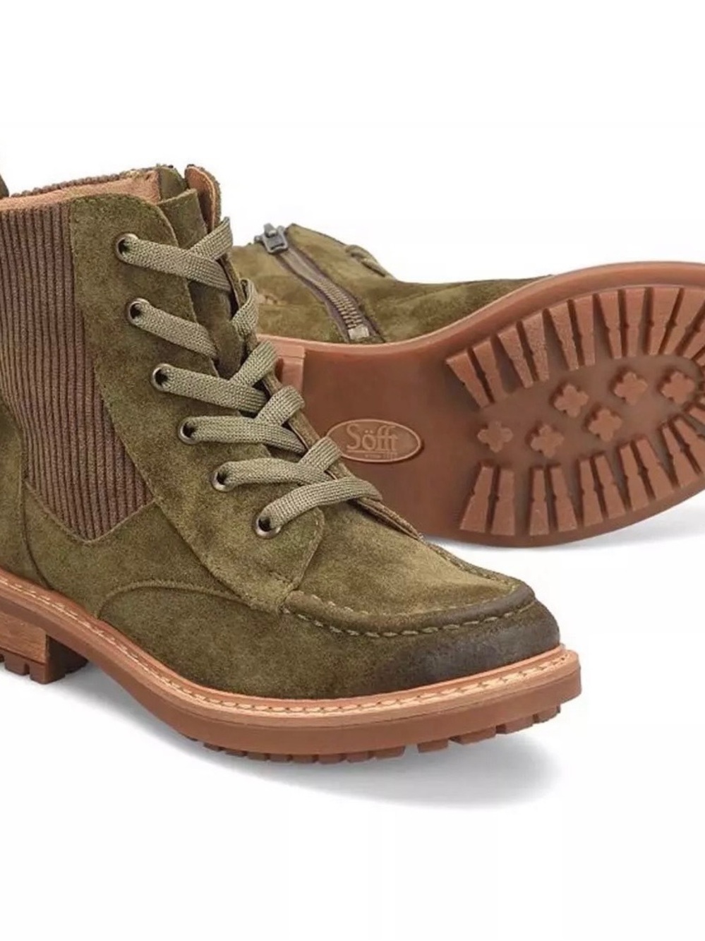 Sofft Olive Suede Lace-Up Ankle Boots with Lug Sole